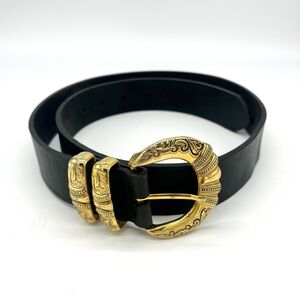 Black Leather Belt w Vintage Style Gold Crescent Buckle Size 34